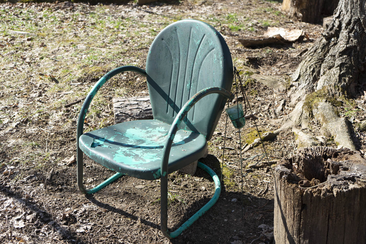 An empty dirty green chair with chipped pain sits alone next to a tree.